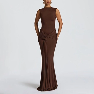 Detail of elegant chocolate brown sleeveless maxi dress with sophisticated waist twist draping