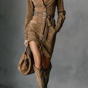 Brown faux suede long sleeve shirt dress with belted waist and metallic buckle detail