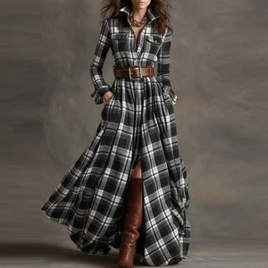 Retro long sleeve plaid shirt dress with vintage digital print and waist belt for women