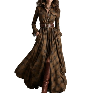Brown plaid long sleeve shirt dress with lapel collar and wide leather belt detail