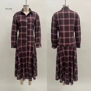 Detailed front and back views of a brown plaid long-sleeved shirt dress with buttons