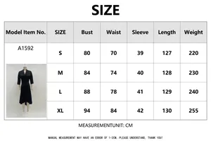 Detailed size chart for elegant V-neck long sleeve satin dress with measurements