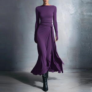Detail showing the elegant waist knot and long sleeves with thumbhole cuffs on a purple dress