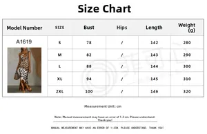 Tableau des tailles pour robe longue léopard montrant les mesures du S au 2XL en détail