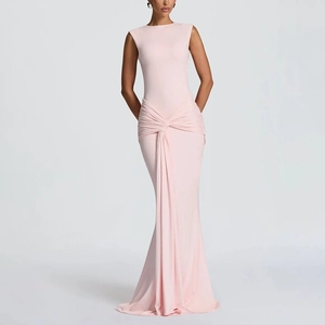 Detail of the elegant knot pleating at the waist of this pink sleeveless maxi dress