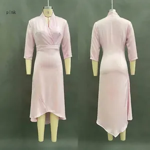 Detailed front and back view of elegant pink V-neck satin dress with irregular hemline