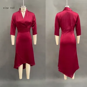Detailed front and back view of wine red satin V-neck dress with irregular hemline