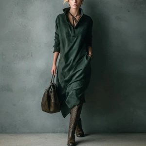 Robe Midi en Suédine pour Femmes Décontractée Ample Couleur Unie Col Montant Manches Longues Avec Lien Poches Automne Hiver