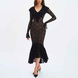Elegant Black Lace Mermaid Dress V Neck Ruffle Long Trumpet Sleeve Sexy See Through Slim Fit Midi Party Dress For Women