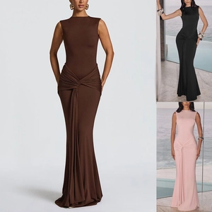 Women Round Neck Sleeveless Maxi Dress Sexy Backless Ruched Bodycon Dress Solid Color Polyester Spandex Slim Fit Long Party Dress