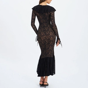 Elegant black lace mermaid dress with flared sleeves and slim fit silhouette