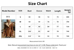 Size chart for winter faux suede shearling jacket including bust and length measurements