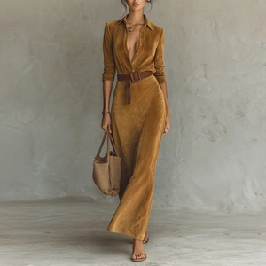 Damen Vintage Wildlederimitat Maxi Hemdkleid Elegant Langarm Slim Fit Einreihig Langes Kleid Mit Gürtel Für Alltag Party