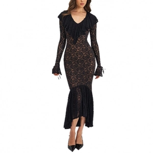 Elegant black lace mermaid dress with V-neck ruffle details and flared tie sleeves