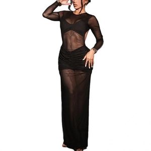 Sexy black mesh long sleeve maxi dress with ruched detail and bodycon silhouette