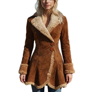 Women's brown suede faux fur jacket with vintage bohemian shearling trim and buttons