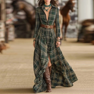 Robe Maxi pour Femme Style Western à Carreaux Col Chemise Manches Longues Coupe Ajustée Vert Motif Check Fendue Vintage