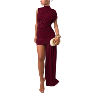Slim fit burgundy asymmetrical sleeveless dress with ruched details and a side drape