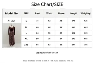 Tableau des tailles détaillé pour la robe longue moulante imprimée avec mesures du S au 2XL