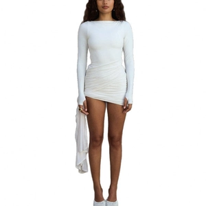 White ruched mini dress with long sleeves and off-shoulder neckline featuring side drapes