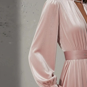 Detail of rose gold velvet dress with rhinestone collar and metallic waist buckle