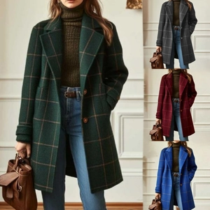 Women's plaid mid-length wool coat with lapel collar in green, grey, red, and blue colors