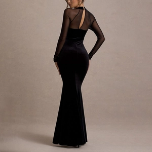 Elegant black velvet long sleeve fishtail dress with mesh cut-out back design