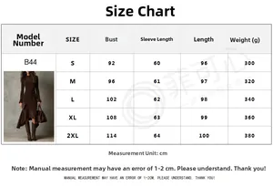 Detailed size chart for long sleeve crew neck dress showing bust and length measurements