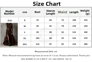 Detailed size chart for elegant brown high neck maxi dress with belt and side slit