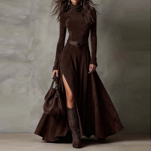 Detail view of brown suede long-sleeve maxi dress with high side slit and matching belt