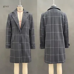 Front and back detail of mid-length grey plaid wool coat with lapel and buttons