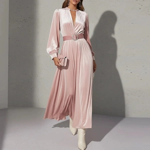 Elegant Pink Velvet V Neck Maxi Dress With Belt Women Long Lantern Sleeve Slim Fit Autumn Formal Party Dress