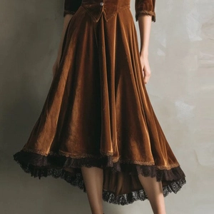 Détail d'une robe en velours caramel avec bordure en dentelle noire et boucle métallique