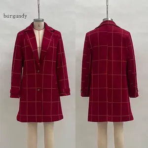 Front and back view of a burgundy plaid mid-length wool coat with lapel collar