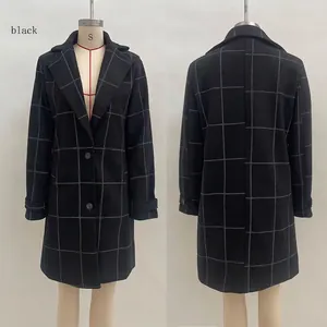 Detailed front and back view of a black plaid lapel wool coat for women with cuff straps