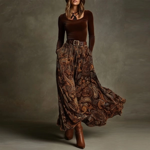 Robe Maxi pour Femmes Imprimé Paisley Rétro Manches Longues Coupe Ajustée Patchwork Texture Velours Élégante Bohème Automne Hiver