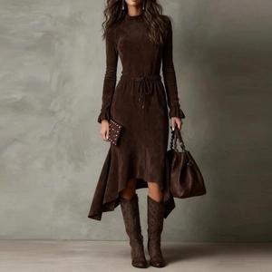 Women's Suede-look Mock Neck Long Sleeve Midi Dress With Drawstring Waist Ruffle Cuff Irregular Hem Streetwear Casual Dress