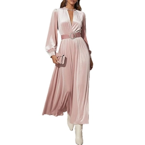 Pink V-neck velvet maxi dress with long sleeves and waist-slimming belt detail