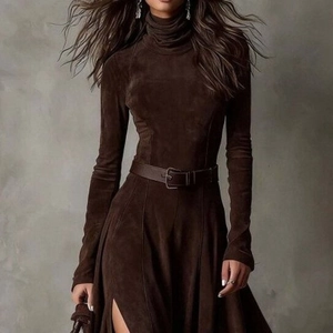 Elegant dark brown faux suede long-sleeve dress with high neck and belted waist