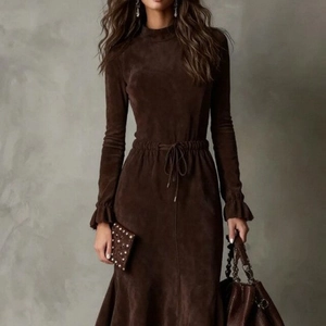 Brown long sleeve crew neck dress with elastic waist and ruffle cuffs for women