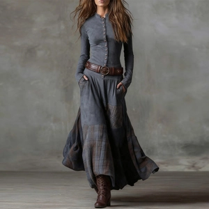 Women Vintage Patchwork Maxi Dress High Waist Elastic Stand Collar Long Sleeve Plaid A-Line Swing Streetwear Long Dress