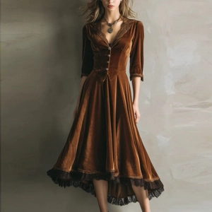 Robe Longue en Velours Doré Vintage pour Femmes Col en V Patchwork de Dentelle Ourlet Irrégulier Rétro Streetwear