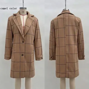 Detail of camel plaid long wool coat showing front and back views on a mannequin
