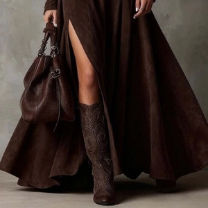 Elegant dark brown suede maxi dress with high slit and vintage embroidered boots for women
