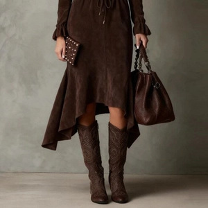 Dark brown suede bohemian dress with irregular hem and embroidered high boots set