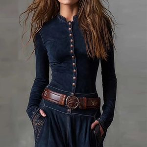Vintage navy faux suede maxi dress with buttons, long sleeves, and retro high waist belt