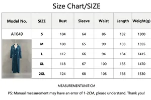 Size guide for velvet coat showing bust, sleeve, waist, and length in CM for S to 2XL