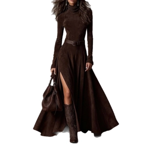 Elegant dark brown high-neck long dress with side slit and waist belt for women