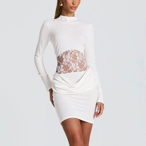Women Sexy Lace Patchwork Bodycon Mini Dress Long Sleeve Mock Neck Ruched Hollow Out Solid Color Party Clubwear Dress
