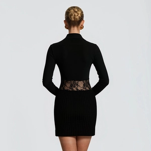 Elegant black long sleeve bodycon dress with lace waist panel and ribbed knit texture
